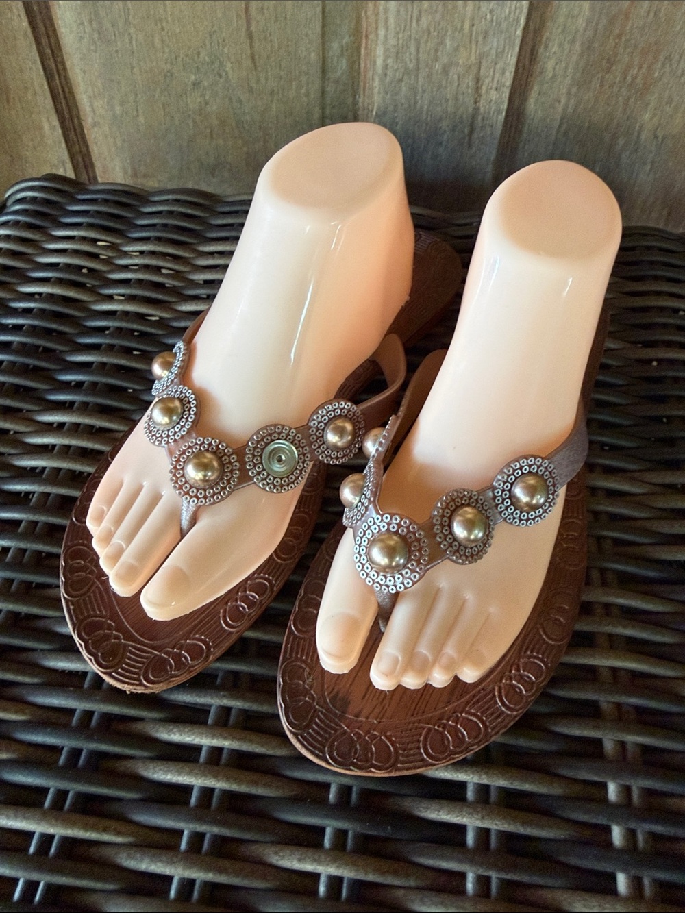 Women's Brown Embellished Thong Sandals with Metallic Medallions